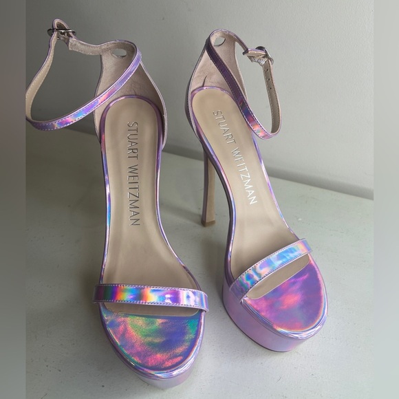 Stuart Weitzman Nudistcurve Hollywood Pink Iridescent Heels 8.5 Platform Sandals - Picture 6 of 12